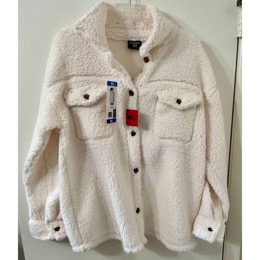 32 Degrees  NWT HEAT Tech M/L Winter White Faux Sherpa Grid Lined Shacket Coat